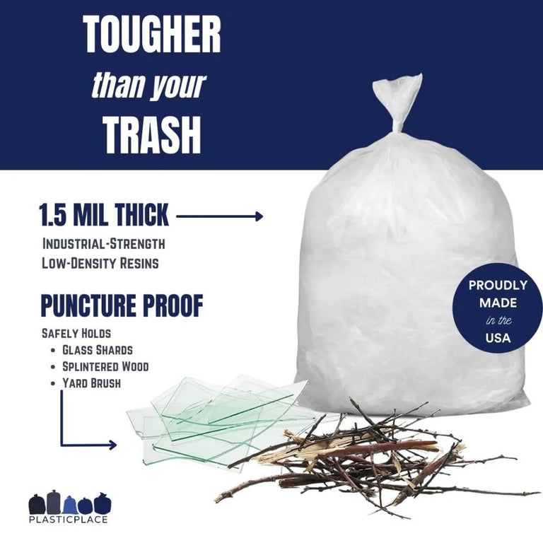 65 Gallon Trash Bags - Clear, 50 Bags - 1.5 Mil