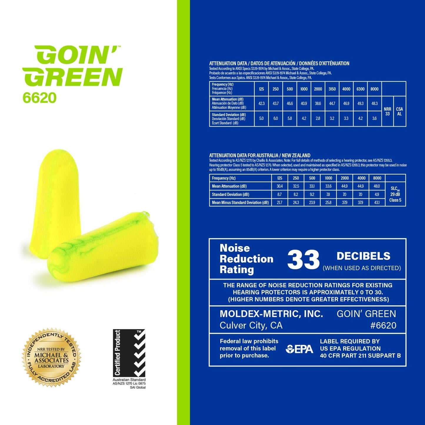 Goin' Green Disposable Earplugs NRR 33dB, USA MADE, 222200575, 200 Pair, Green