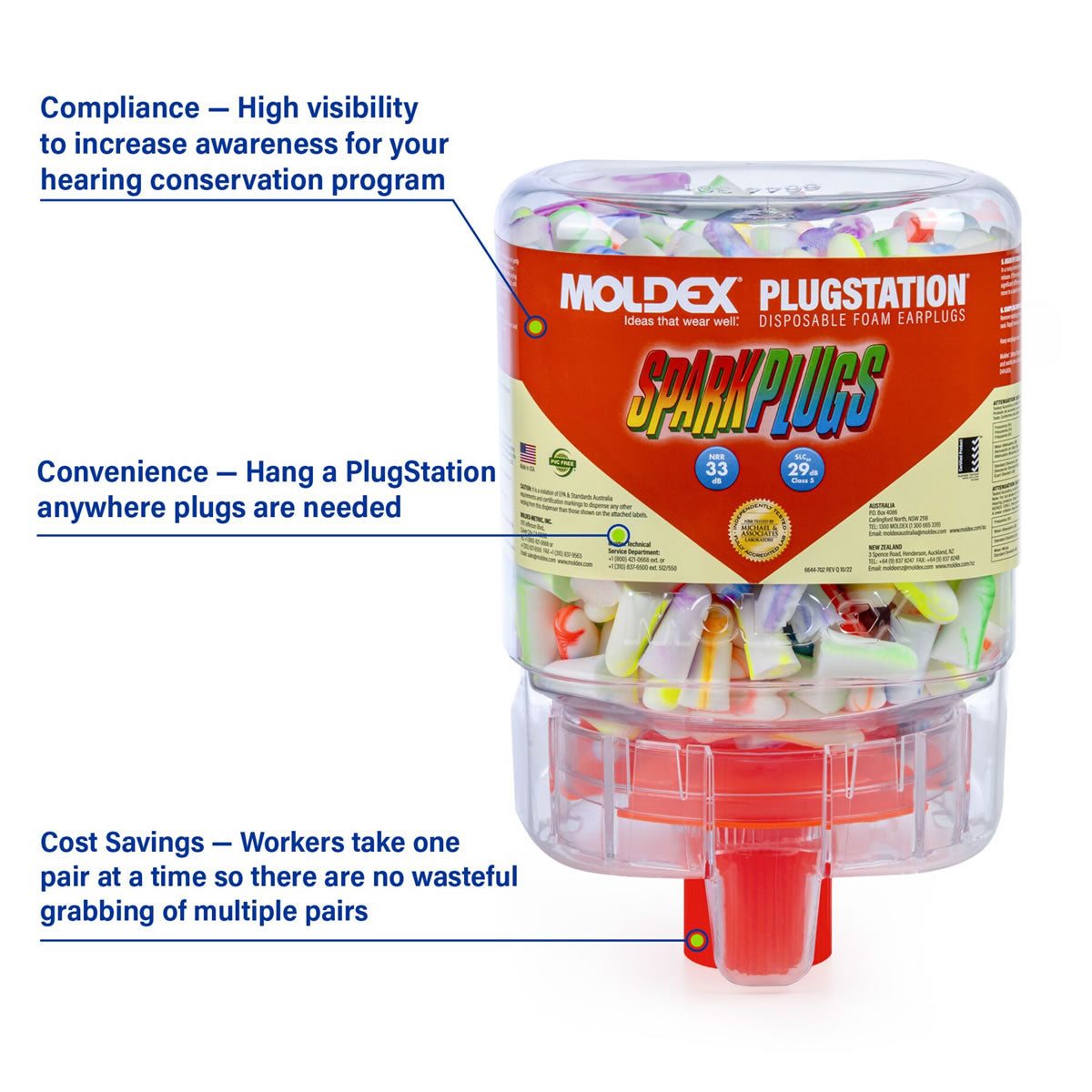 Moldex SparkPlugs PlugStation Disposable Earplug Dispenser NRR 33dB, USA MADE, 222200591, 250 Pair, Multi-Colored
