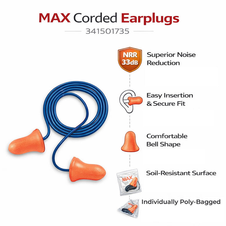 Howard Leight MAX Corded Earplugs, 341501735, 100 Pair, Orange
