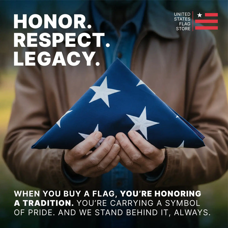 Person holding a folded American flag with text about honoring traditions and carrying a symbol of pride.