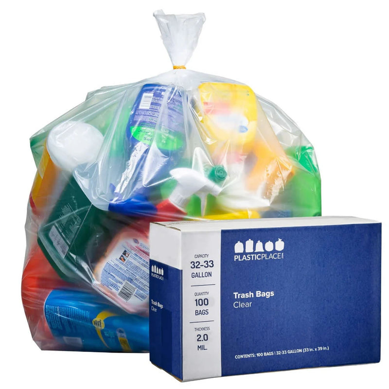 32-33 Gallon Trash Bags - Clear, 100 Bags - 2 Mil