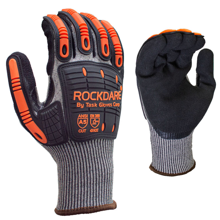 TASK ROCKDARE 13G ANSI A5 Cut Resistant Double Dipped Sandy Nitrile Coated Impact Gloves, Gray, RD1019