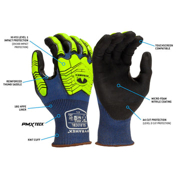 Pyramex GL613CB A4 Cut Micro-Foam Nitrile Dipped Impact 3 Gloves, Blue/Hi-Vis Lime