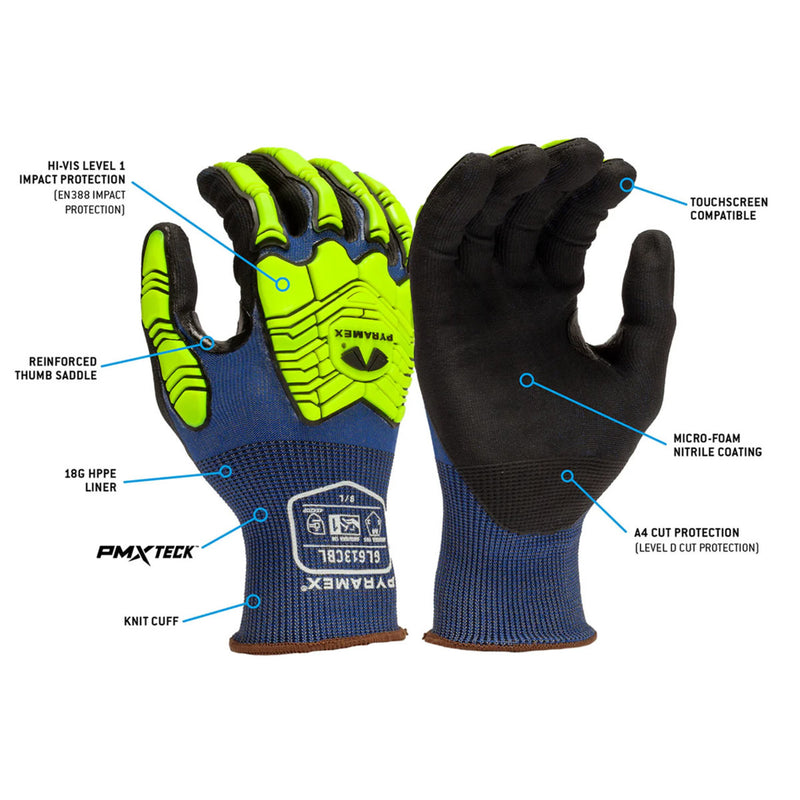 Pyramex GL613CB A4 Cut Micro-Foam Nitrile Dipped Impact 3 Gloves, Blue/Hi-Vis Lime