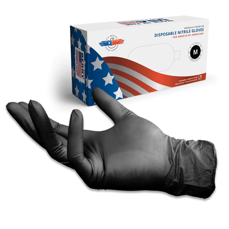 Disposable Nitrile Exam Gloves, 6 mil, Made in USA, Black, Box of 100