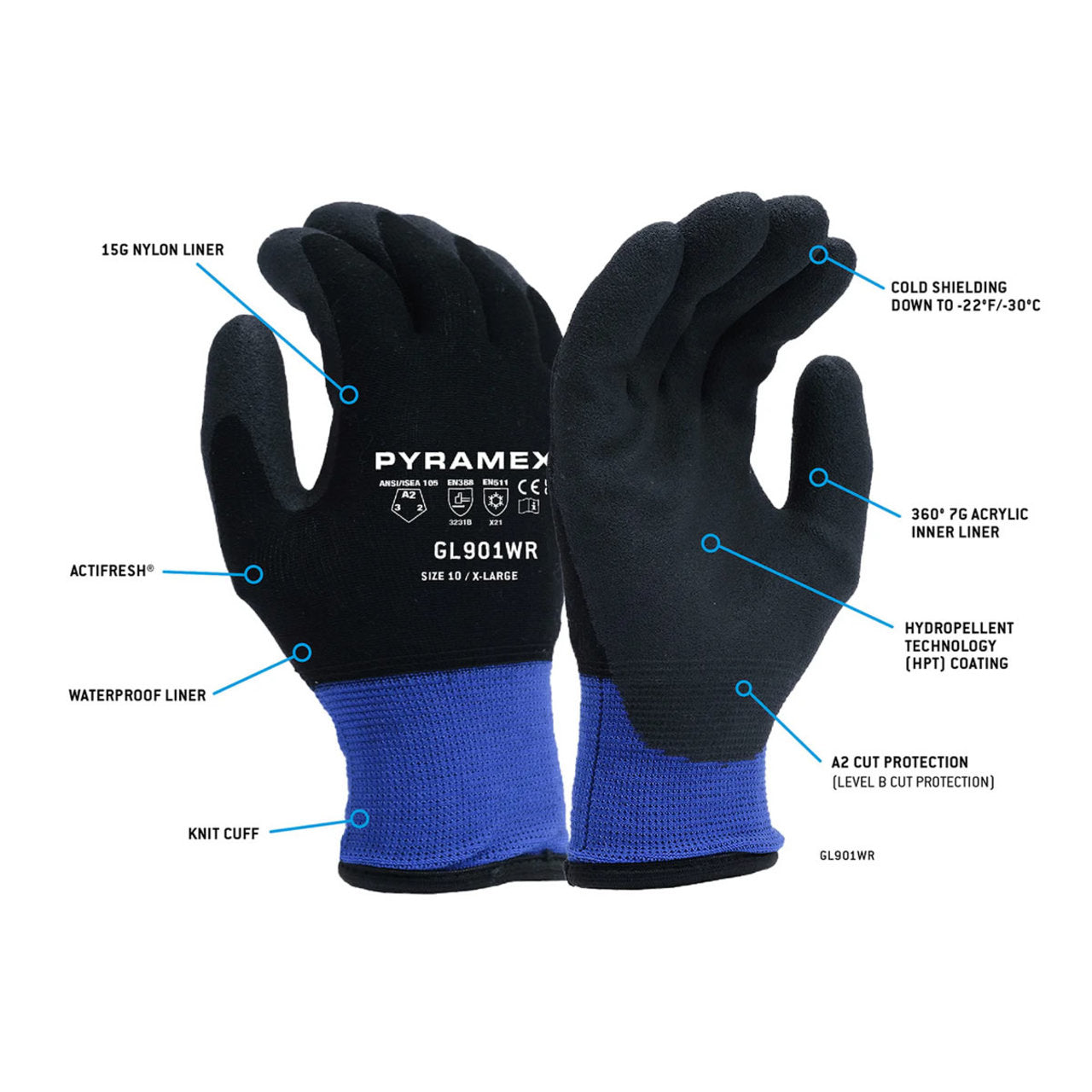 Pyramex GL901WR Insulated A2 Cut HPT Dipped Gloves, Black/Blue