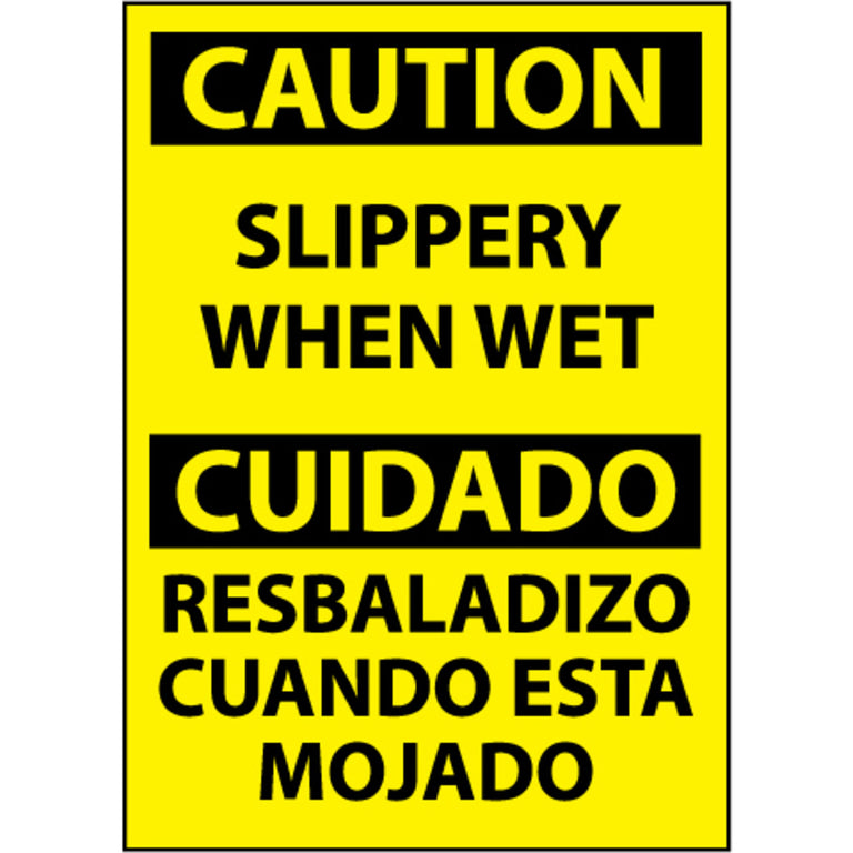 Caution, Slippery When Wet, Bilingual, 14x10 Plastic Sign