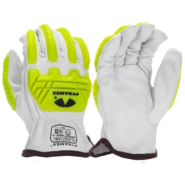 Pyramex GL3007CKB Premium Grain Goatskin Leather Driver HPPE A6 Cut Level 2 Impact Gloves, Hi-Vis Green