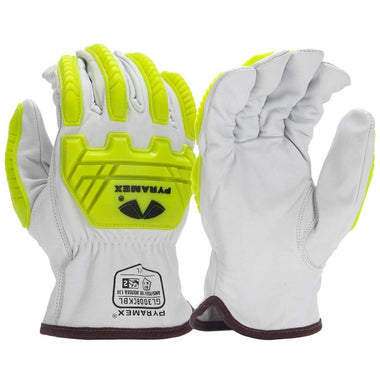 Pyramex GL3008CKB Premium Grain Goatskin Hi-Vis Leather Driver HPPE A7 Cut Level 2 Impact Gloves, Hi-Vis Green
