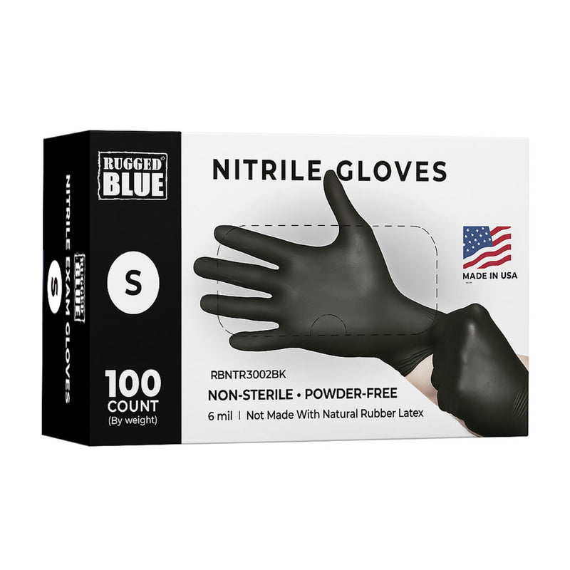 Disposable Nitrile Exam Gloves, 6 mil, Made in USA, Black, Box of 100