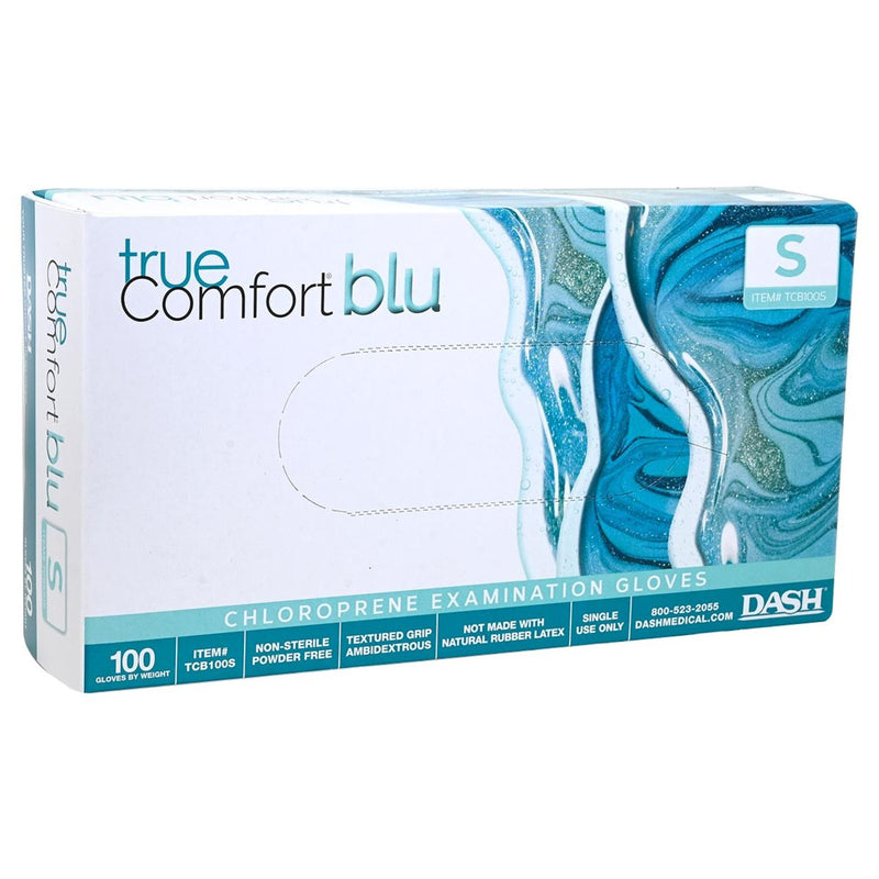 DASH True Comfort Blu Polychloroprene Exam Grade Disposable Gloves, Ocean Blue, 3.1 mil, Box of 100