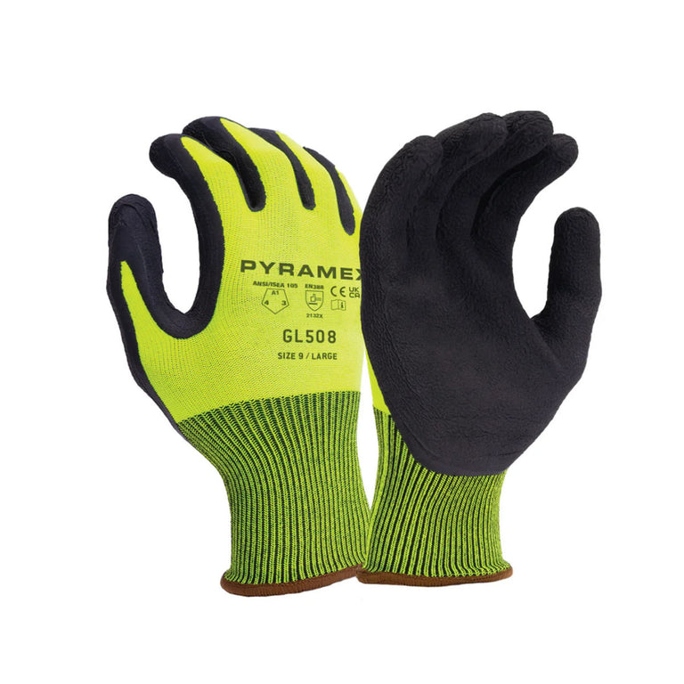 Pyramex GL508 Hi-Vis A1 Cut Foam Latex Dipped Gloves, Hiv-Vis Lime/Black