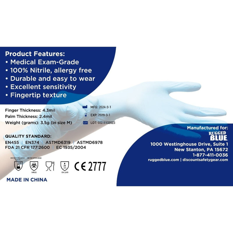 Disposable Nitrile Exam Gloves - Blue - 4 mil - Box of 100 (S, M, L, XL, 2XL)