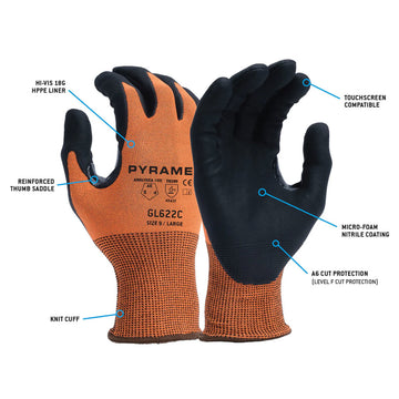 Pyramex GL622C Hi-Vis A6 Cut Micro-Foam Nitrile Dipped Gloves, Hi-Vis Orange/Black