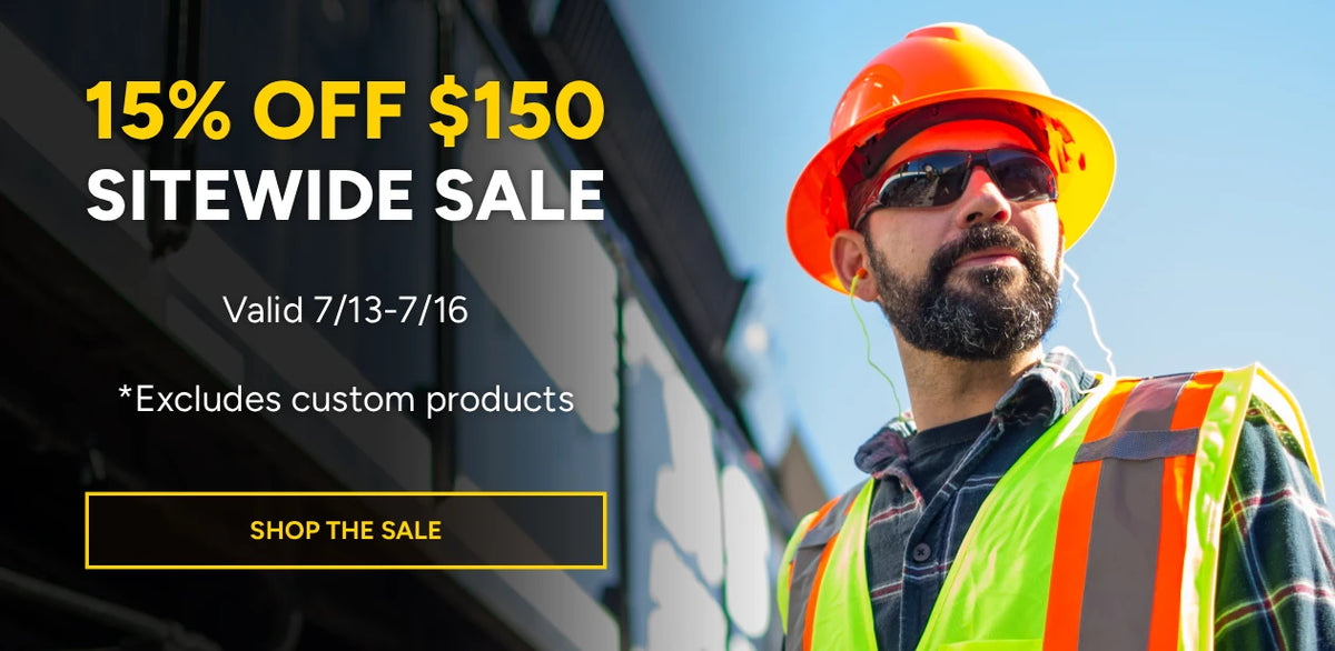 Promotional banner for a 15% off $150 sitewide sale, featuring a construction worker in an orange hard hat and high-visibility safety vest against a blue sky and building background, with text reading '15% OFF $150 SITEWIDE SALE' and 'SHOP THE SALE'.
