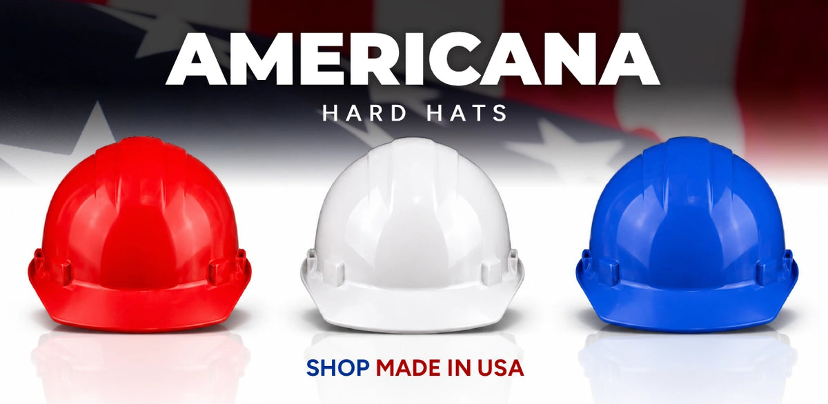 Three hard hats in red, white, and blue with 'Americana Hard Hats' branding.