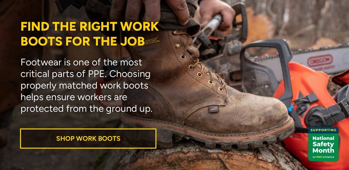 Brown work boot with text about choosing the right work boots for safety, featuring a chainsaw and protective gear in the background.