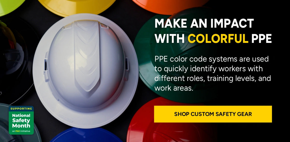 Colorful PPE items with a hard hat and text about color code systems for safety gear.