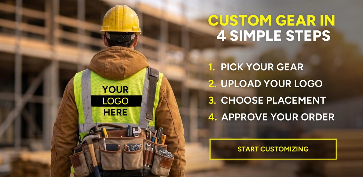 Person in construction gear with customizable logo options on a blurred construction site background