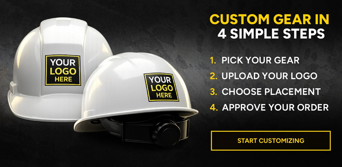 Two white hard hats with customizable logo placement on a dark background