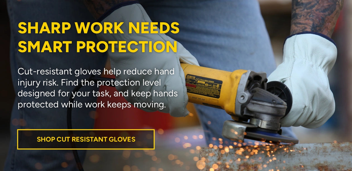 Person using a grinder with text about cut-resistant gloves and a call to action to shop for gloves.