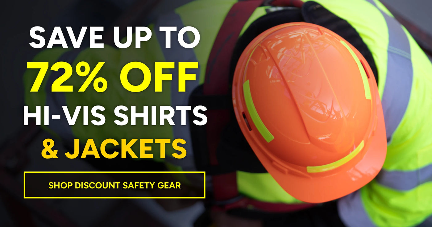 Promotional graphic with large text reading 'SAVE UP TO 72% OFF HI-VIS SHIRTS & JACKETS' over a close-up of a construction worker wearing a bright orange hard hat and high-visibility yellow-green shirt.