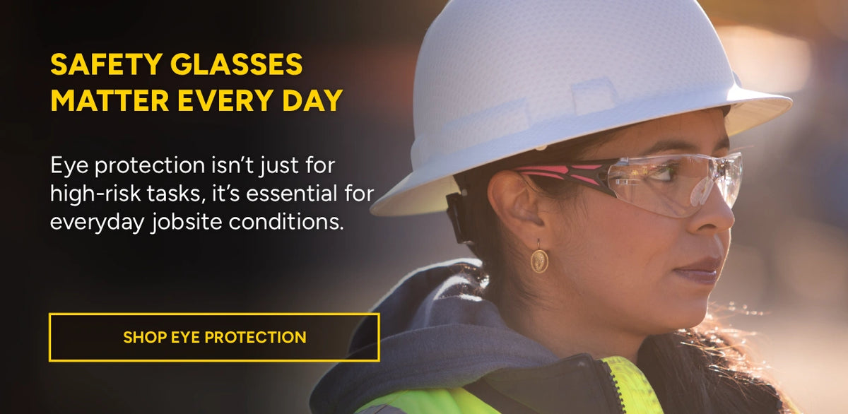 Person wearing safety glasses and a hard hat with text about the importance of safety glasses.