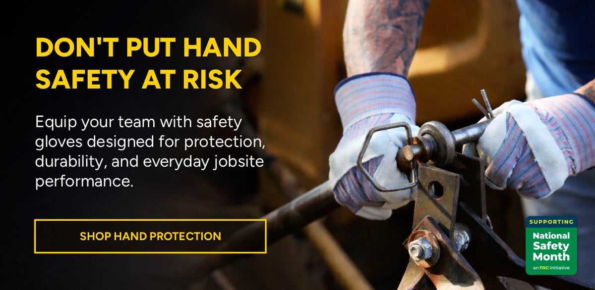 Person wearing safety gloves holding a tool with text about hand protection and National Safety Month.