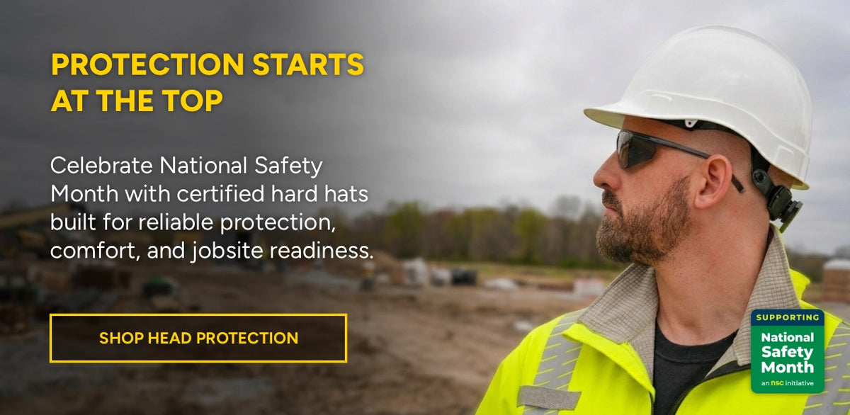 Man wearing a hard hat and safety jacket on a construction site with text about national safety month and head protection.