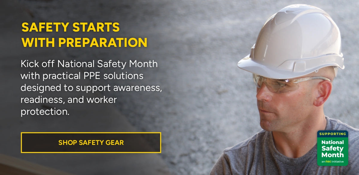 Person wearing a hard hat and safety glasses with text about National Safety Month and PPE solutions.