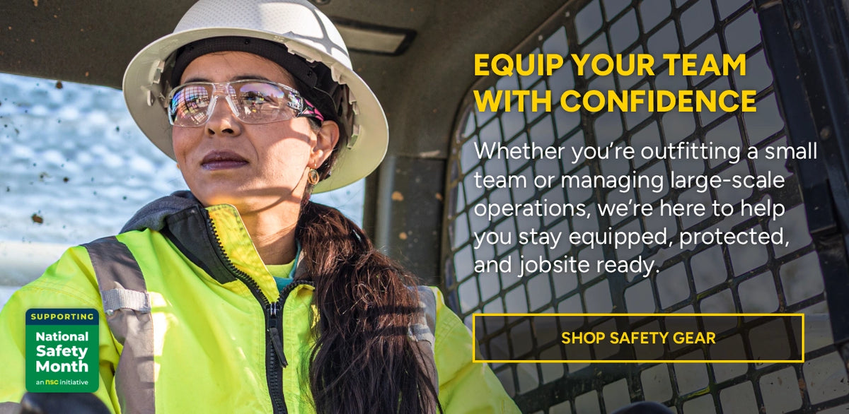 Person wearing safety gear with text about equipping teams with confidence and a call to action to shop safety gear.