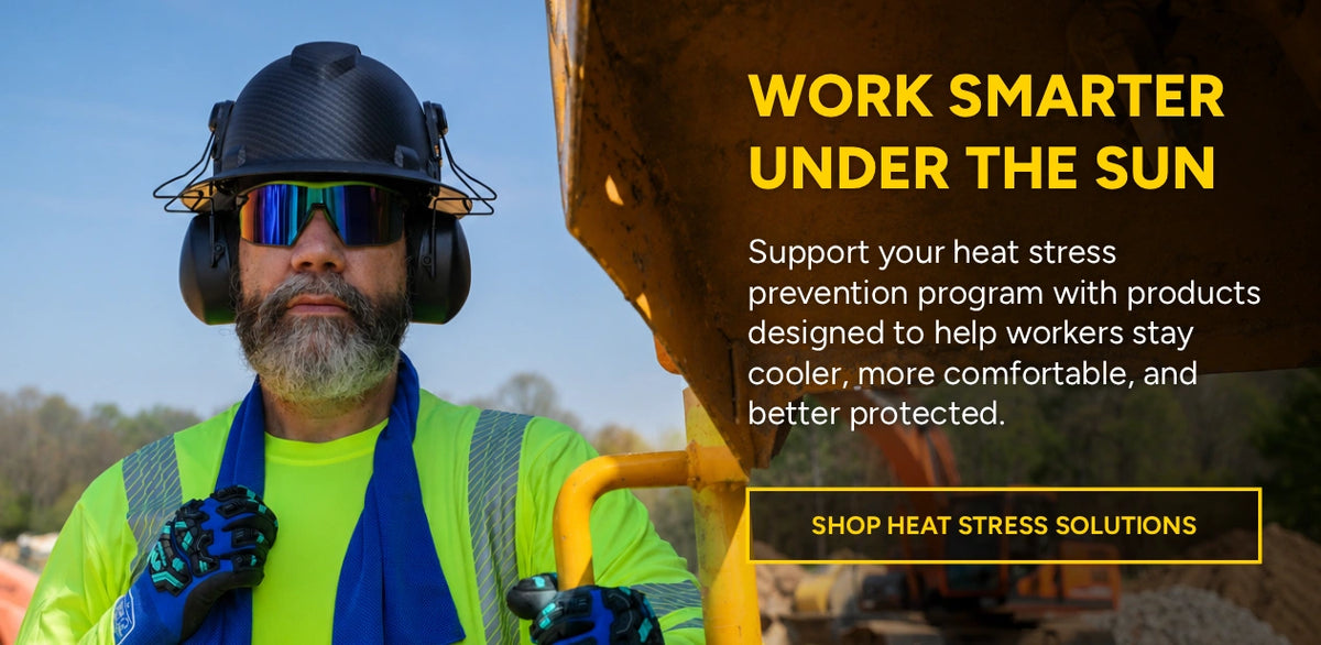 Person wearing safety gear with construction equipment and text about UPF-rated shirts.