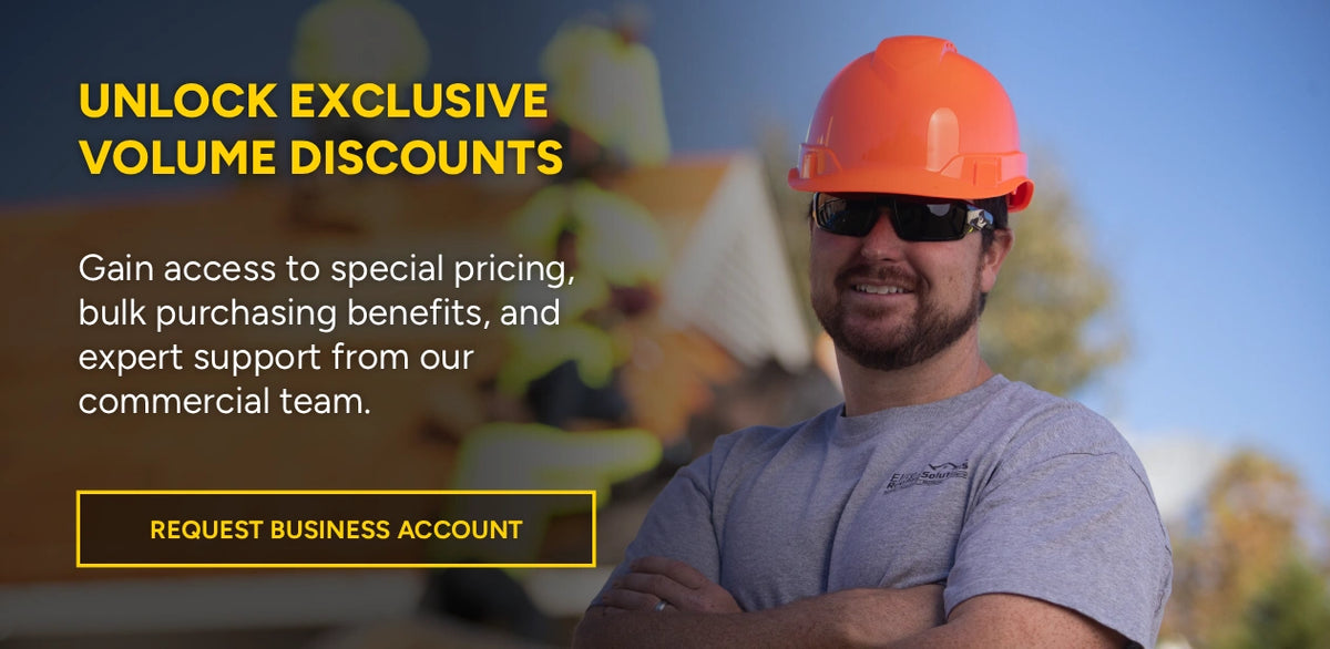 Man wearing an orange hard hat and sunglasses with text about exclusive volume discounts on a blurred construction site background.