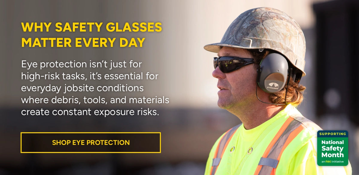 Person wearing safety glasses, hard hat, and ear protection with text about the importance of safety glasses.