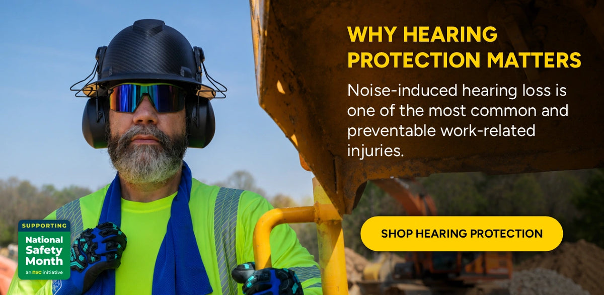 Person wearing hearing protection equipment with text about hearing loss and a call to action to shop for hearing protection.