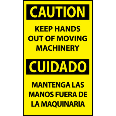 Caution, Keep Hands Out Of Moving Machinery Bilingual, 5x3, Pressure Sensitive Vinyl Machine Label