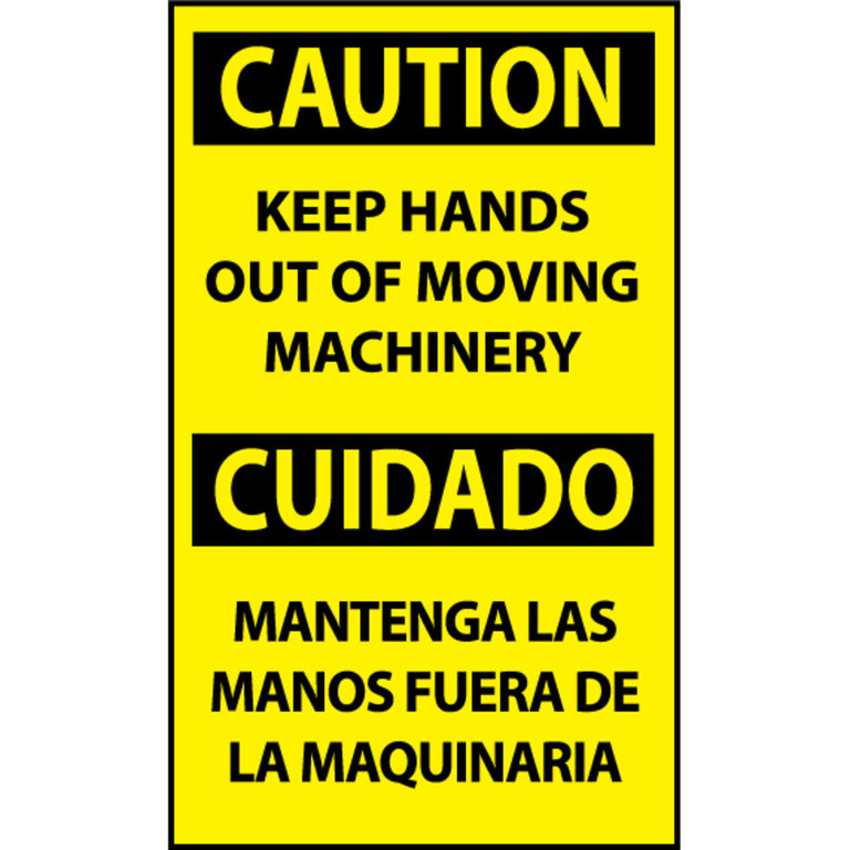 Caution, Keep Hands Out Of Moving Machinery Bilingual, 5x3, Pressure Sensitive Vinyl Machine Label
