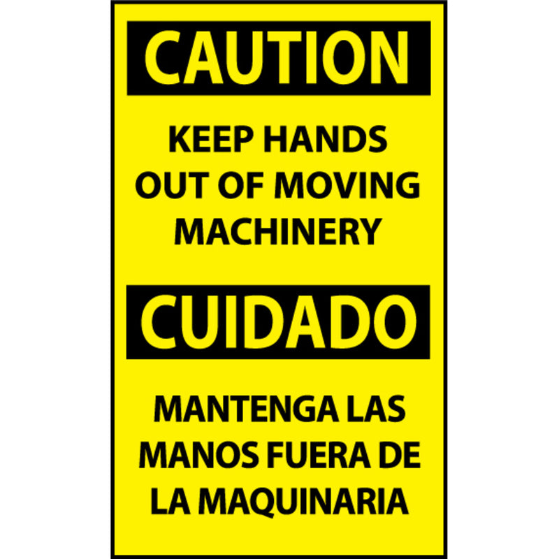 Caution, Keep Hands Out Of Moving Machinery Bilingual, 5x3, Pressure Sensitive Vinyl Machine Label