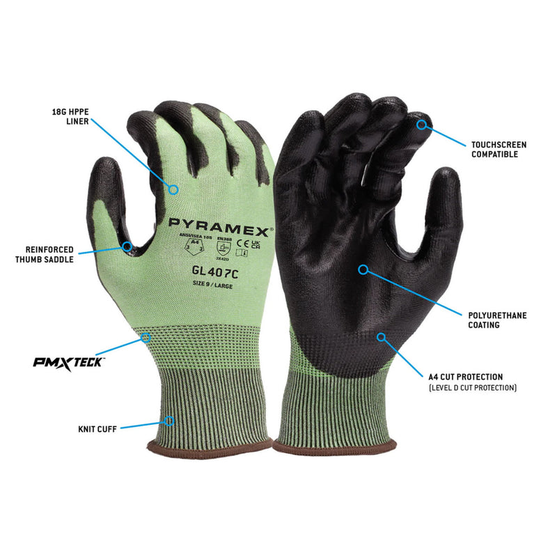 Pyramex GL407C A4 Cut Polyurethane Dipped Gloves, Green/Black