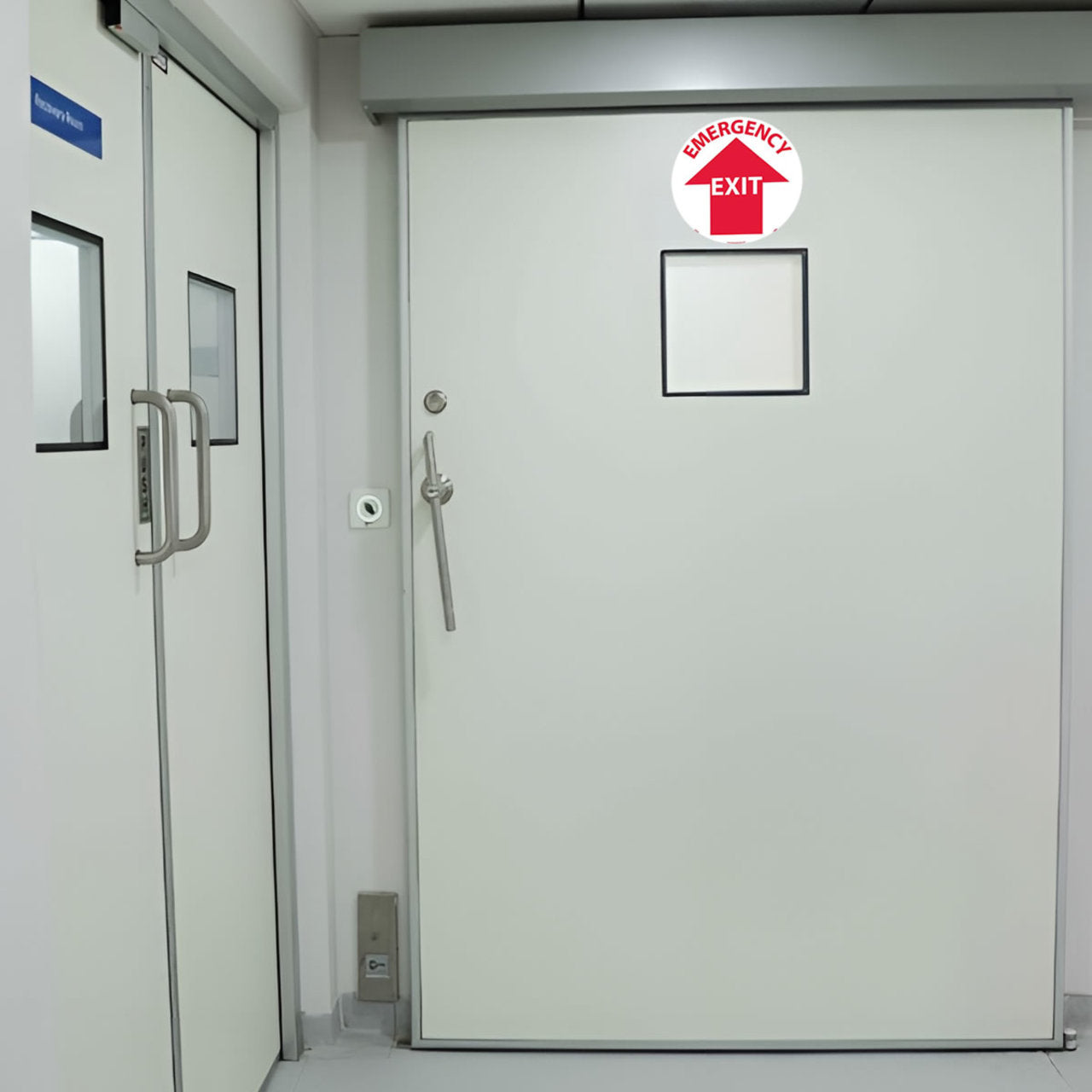 Emergency Exit, 17 Diameter, Pressure Sensitive Vinyl, Walk On Floor Sign