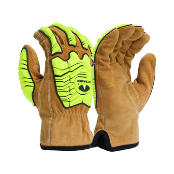 Pyramex GL4004CKB Pigskin Impact Leather Driver Gloves, Brown/Hi-Vis Lime