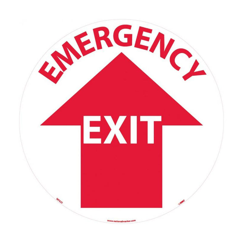 Emergency Exit, 17 Diameter, Pressure Sensitive Vinyl, Walk On Floor Sign