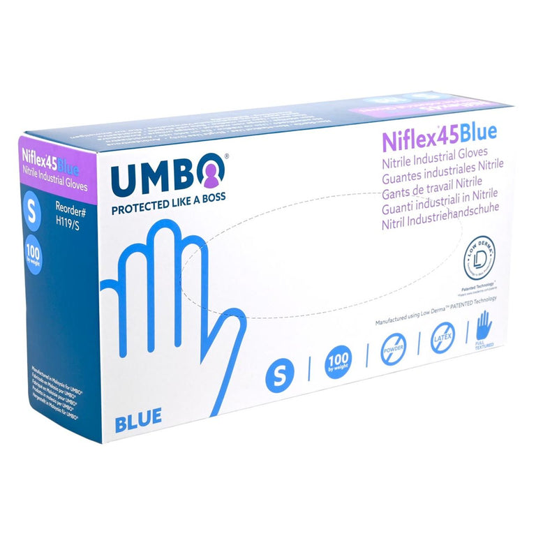 UMBO Niflex45 Nitrile Disposable Gloves, 4.5 mil, Blue, Box of 100