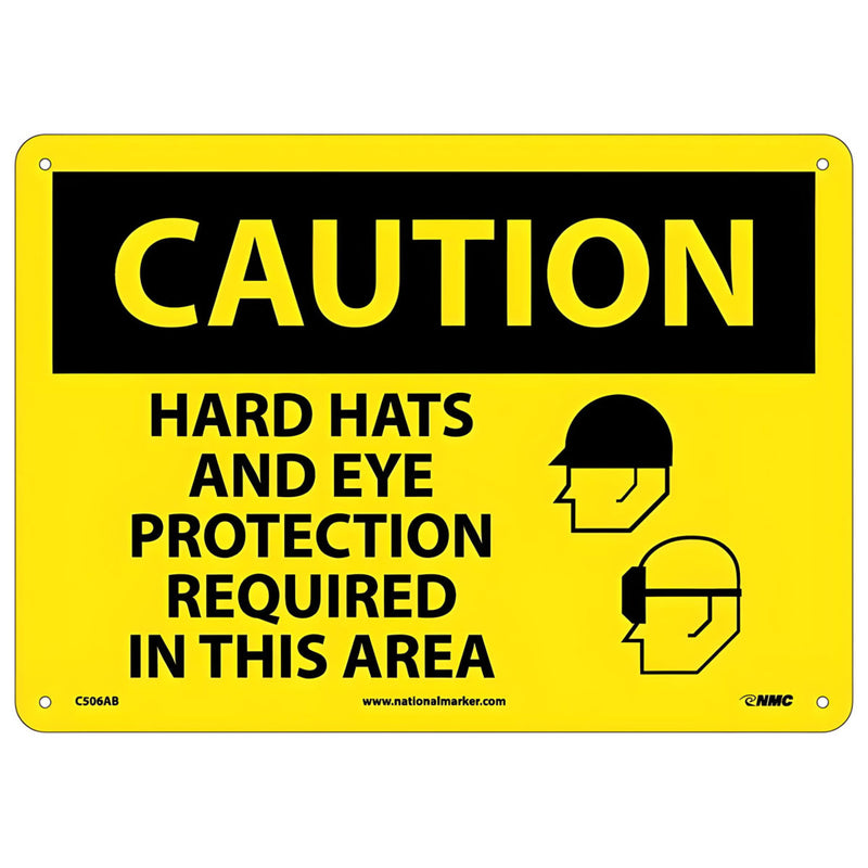 Caution Hard Hats And Eye Protection Required In This Area Graphic 10x14 Aluminum Sign