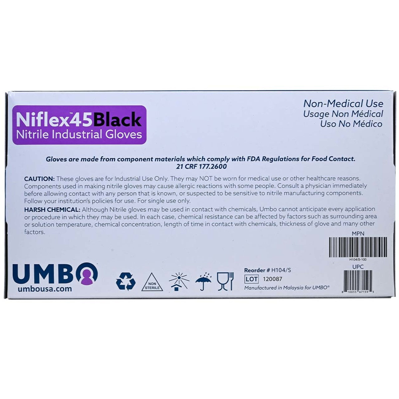 UMBO Niflex45 Nitrile Disposable Gloves, 5 mil, Black - H104 - Box of 100