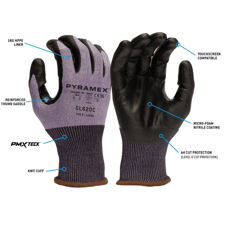 Pyramex GL620C A4 Cut Micro-Foam Nitrile Dipped Gloves, Gray/Black