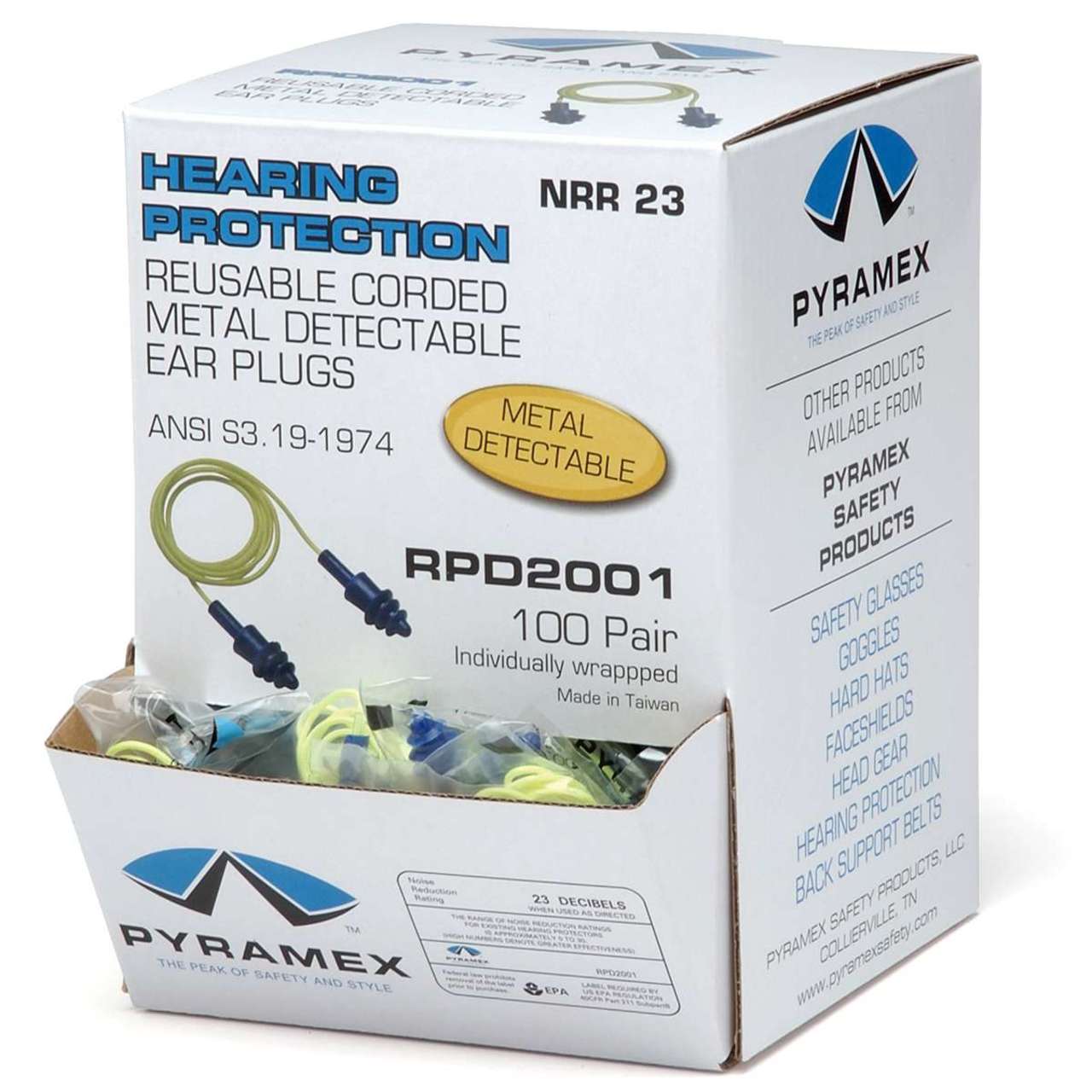 Pyramex RPD2001 NRR 25dB Metal Detectable Reusable Corded Earplugs, 100 Pair, Blue