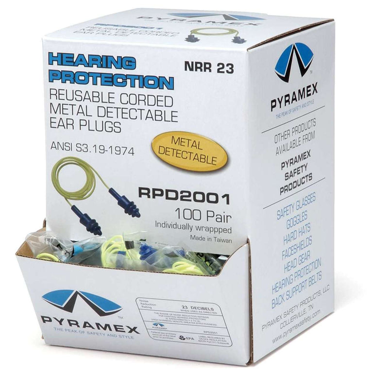 Pyramex RPD2001 NRR 25dB Metal Detectable Reusable Corded Earplugs, 100 Pair, Blue