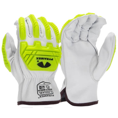 Pyramex GL3001KB Select Grain Goatskin Leather Driver Level 2 Impact Gloves, Hi-Vis Green
